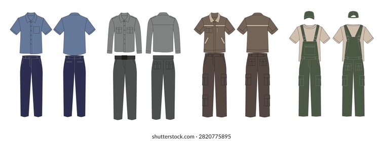 Work clothes, set worker uniform, vector illustration, flat technical drawing, mockup design