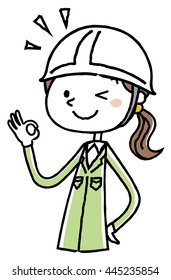 Work clothes of the woman who was wearing a helmet: OK sign