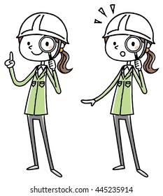 Work clothes of the woman who was wearing a helmet: magnifying glass