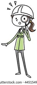 Work clothes of women magnifying glass wearing a helmet