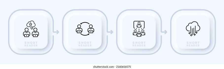 Work with cloud storage set icon. Transfer data, send, share information, remote, online, internet, sync. Business concept. Neomorphism style. Vector line icon for Business and Advertising.