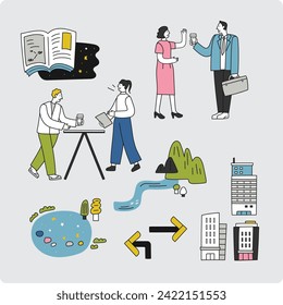 work and coffe life style vector line drawing illustration free drawing people, building, book, nature