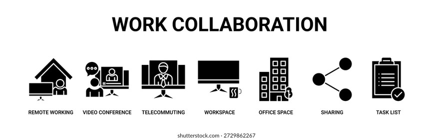 Concepto de Ilustración vectorial Video de iconos de Anuncio de Web de colaboración de trabajo con iconos de trabajo remoto, conferencia, teletrabajo, espacio de trabajo, espacio de oficina, uso compartido y gestión de tareas.