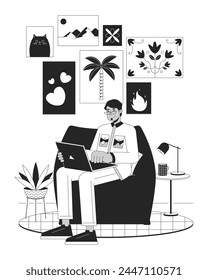 Work comfortable black and white line illustration. Arab web developer sitting in beanbag chair 2D lineart character isolated. Home office coziness monochrome scene vector outline image