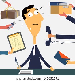 A lot of work coming. Businessman finding himself going to be busy. Vector illustration.