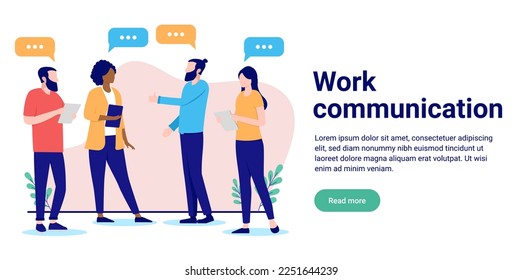 Work communication - Group of people talking and having a dialogue together standing up. Flat design vector illustration with white background and copy space for text