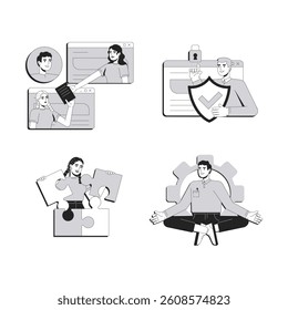 Work communication line conceptual illustration set. Workflow organization, business. Teamwork documentation, paperwork. 2D outline characters isolated. Linear drawings grayscale vector collection