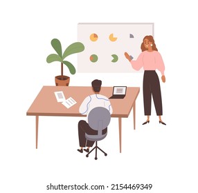 Work communication in office. Employee at board during business presentation with charts, showing report, presenting graph results on whiteboard. Flat vector illustration isolated on white background