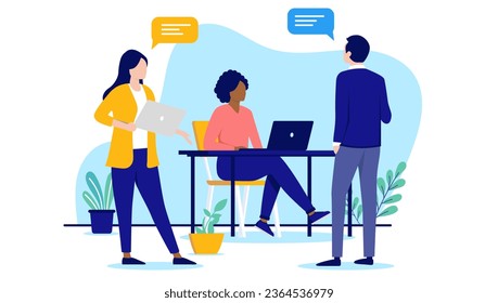 Work communication - People in office talking and having conversation about business. Flat design vector illustration with white background