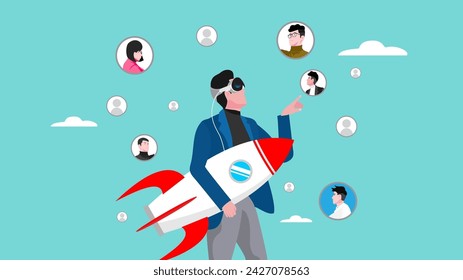 work communication using mixed reality headset with virtual reality and augmented reality technology, business people seek information from business partners through virtual reality technology