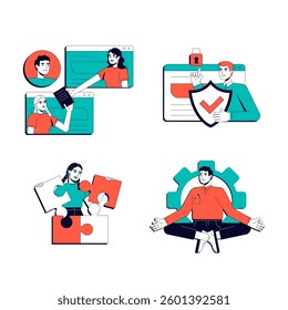 Work communication vector illustration concept set. Workflow organization, business process. Teamwork documentation, paperwork. Stylized cartoon characters isolated on white. Flat 2D line art pack
