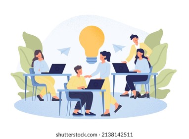 Work in company. Characters in office, managers at computers. Brainstorming, idea and creativity. Coworking and partnership, colleagues working on same project. Cartoon flat vector illustration