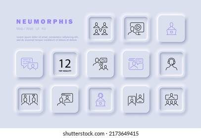 Work in company set icon. Teamwork, online, remote, call centre, operator, chat, communication, consultation, employee. Business concept. Neomorphism. Vector line icon for Business and Advertising.