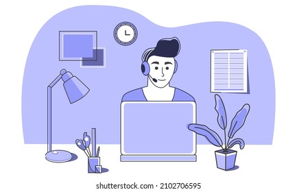 Work at the computer with headphones. Customer service. Talking into a microphone. Cartoon illustration of working in a call center. Freelance. Work at home. Vector.