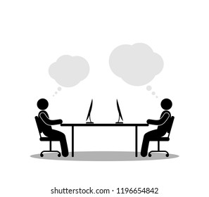 work at the computer, office workers sit at the table, stick figure people silhouettes, human icon pictogram