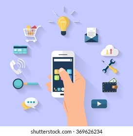 Work concept - business concept - human hands holding smart-phone - Set of flat design icons for Business, SEO and Social media marketing.