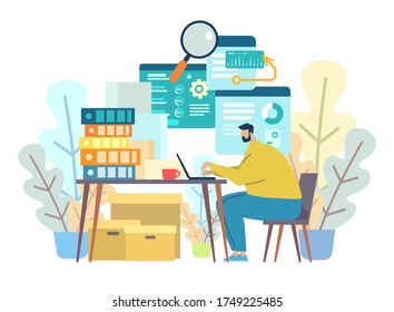 A lot of work concept. Data analysis. App development. Creative work. Business project. Man is working on a laptop. Boxes and folders with documents. Vector flat cartoon illustration