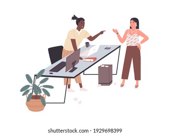 Work conflict between angry employees. Colleagues arguing and screaming in office. Furious man shouting at woman and blaming her. Colored flat vector illustration of isolated on white background