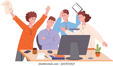 Concepto de conflicto laboral. La gente grita. Error del equipo aislado en el fondo blanco