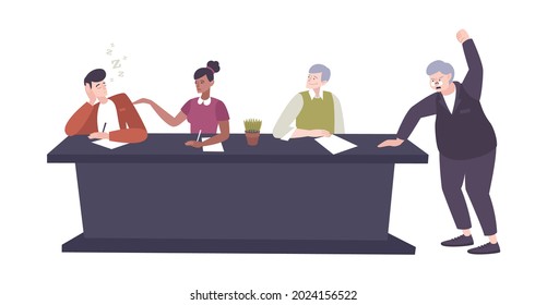 Work conflict flat composition with character of boss crying on his employees sitting at table vector illustration