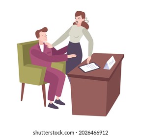 Work Conflict Flat Composition With Character Of Male Boss Sexually Abusing Female Employee At Working Place Vector Illustration