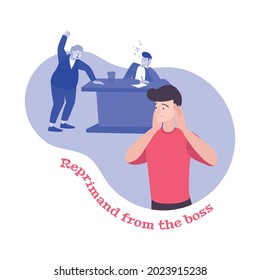 Work conflict flat composition with characters of crying angry boss and frightened employee with text vector illustration