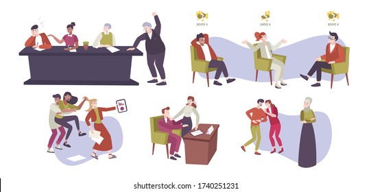 Work conflict flat set of isolated icons and doodle style human characters of coworkers in argue vector illustration