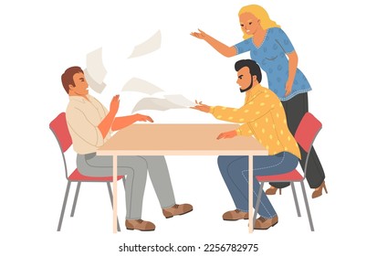 Arbeitskonfliktflavektor Cartoon wütende Mitarbeiter werfen Papier in den Geschäftsführer, die an der Tischgrafik sitzen. Aggressiver Streit, Meinungsverschiedenheiten mit Geschäftskollegen