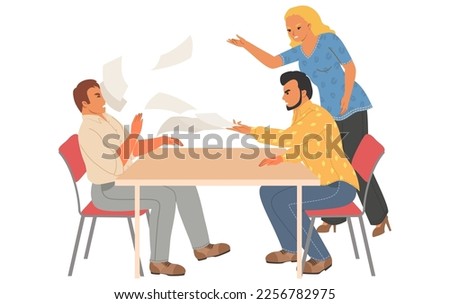 Work conflict flat vector. Cartoon angry coworkers throwing paper document into executive manager sitting at table illustration. Aggressive quarrel, disagreement confrontation of business colleagues