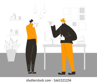 Work conflict. Pair of coworkers during dispute. Quarrel concept. Bad relationship between teammates or collegues. Vector flat color illustration.