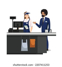 Work conflict. Toxic workplace environment. Stressed manager shouts at scared cashier. Flat vector illustration isolated on white background