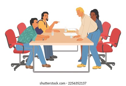Work conflict vector. Arguing coworkers characters sitting at table and having aggressive quarrel illustration. Confrontation of business partners, toxic relationship in team