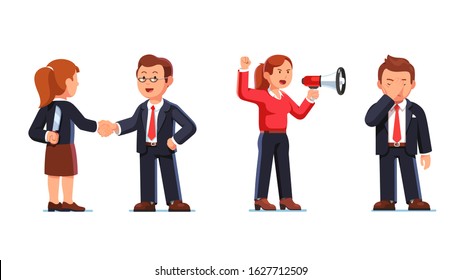 Work conflicts harassment & bullying concept. Business woman in anger shouting to man ear through loudspeaker. Lies, deceit of dishonest person. Woman hold knife being back. Flat vector illustration