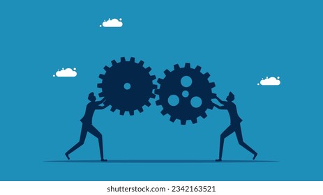 work connection. Two businessmen connecting gears