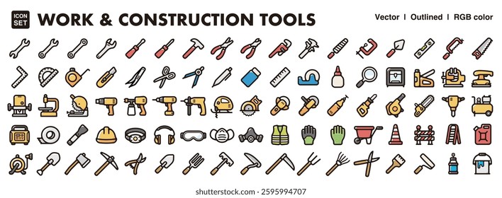 Work and construction tools illustration icon set.Simple vector outlines, clipart for graphic design.