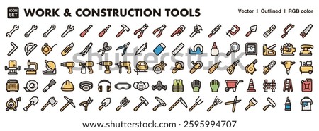 Work and construction tools illustration icon set.Simple vector outlines, clipart for graphic design.
