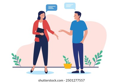 Work conversation - Two people , man and woman standing talking and having dialogue with speech bubbles above head. Flat design vector illustration with white background