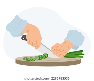 The work of a cook in the kitchen. Illustration of hands cutting green onions with a knife. Food illustration, vector.	
