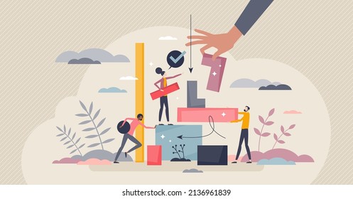 Work cooperation, partnership and teamwork for job task tiny person concept. Successful and productive strategy to reach goal with unity and working together vector illustration. Effective development