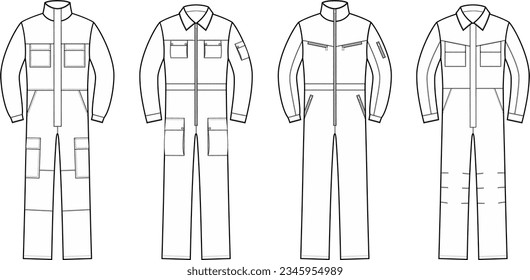Work coverall flat sketch. Set of working uniform apparel design. Workwear. Men CAD mockup. Fashion technical drawing template. Vector illustration.