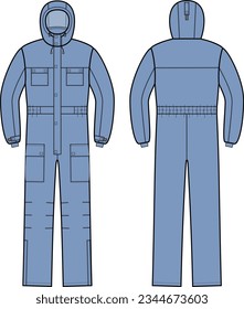 Die Winterarbeit der Männer deckt sich mit der Haube. Vorn und hinten. Fashion CAD. Vektorgrafik.
