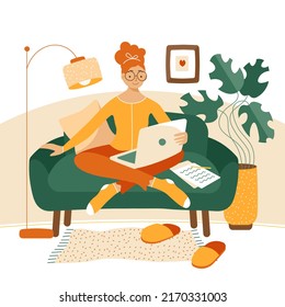 Work from cozy home room. Remote workstation, freelance worker with laptop, telecommuting, flexible working program and workplace, distance electronic meeting, online conference vector illustration