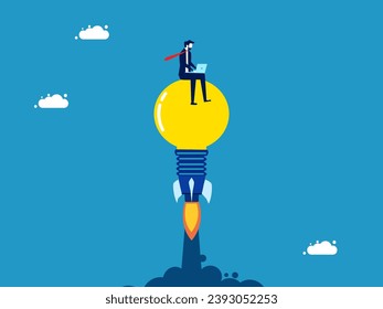 Work with creativity. Businessman working on lightbulb rocket soaring in the sky 