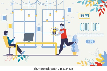 Work Creativity and Ideas Brainstorming Online Service Flat Vector Web Banner, Landing Page with Company Employee Running, Hurrying Present Good Business Idea, Problem Solution to Boss Illustration