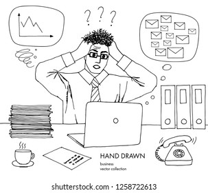Work crisis. Businessman holds his head looking at the monitor. Hair stand on end. A lot of inbox mails, bad schedule, no idea what to do. Hand drawn black and white vector line art sketch