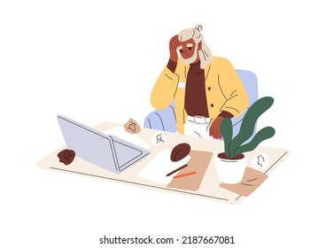 Work Crisis, Lack Of Ideas, Burnout Concept. Sad Confused Creative Worker, Crumpled Papers At Office Desk. Frustrated Employee At Laptop. Flat Graphic Vector Illustration Isolated On White Background