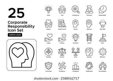 Work Culture and Core Values. Dedication, Passion, and Professional Ethics. Vector Illustration. Outline icon set