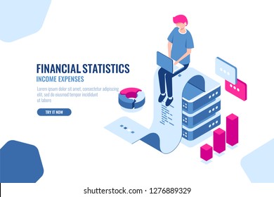 Work with data, isometric icon of accounting, online service of data processing and analysis, flat vector illustration