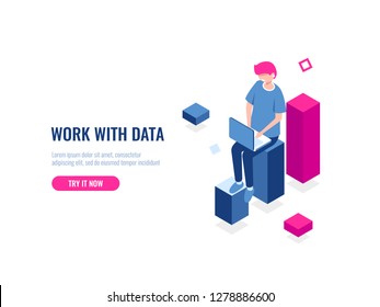 Work with data and isometric icon of data processing process, young man working on laptop, finance manager, business analysis, flat vector illustration