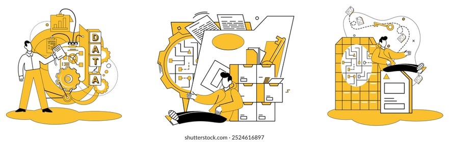 Work with data vector illustration. Analytics is secret sauce transforms raw data into strategic intelligence Data analytics metaphorically acts as alchemist, turning data into golden insights